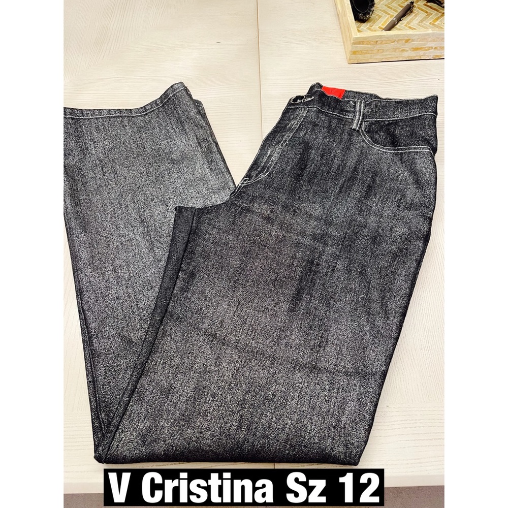 V Cristina, Black Metallic sparkle Jeans with faceted button Sz 12 New